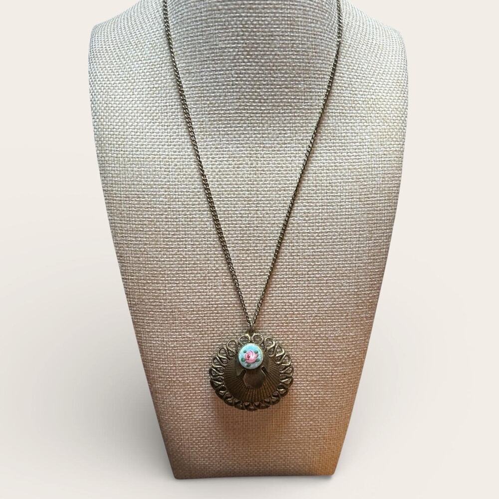 Vintage Guilloché Enamel Rose Pendant Brooch Convertible Necklace